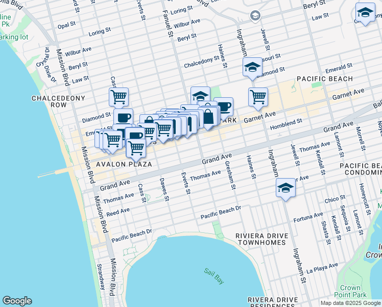 map of restaurants, bars, coffee shops, grocery stores, and more near in San Diego
