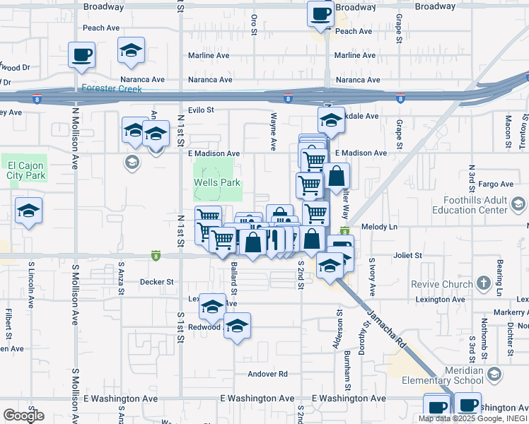 map of restaurants, bars, coffee shops, grocery stores, and more near 265 Orlando Street in El Cajon