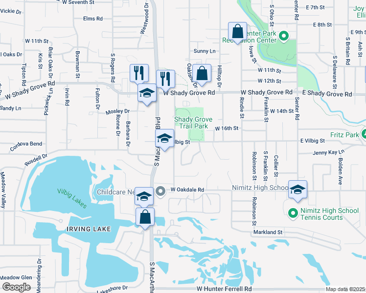 map of restaurants, bars, coffee shops, grocery stores, and more near 1701 Caddo Drive in Irving