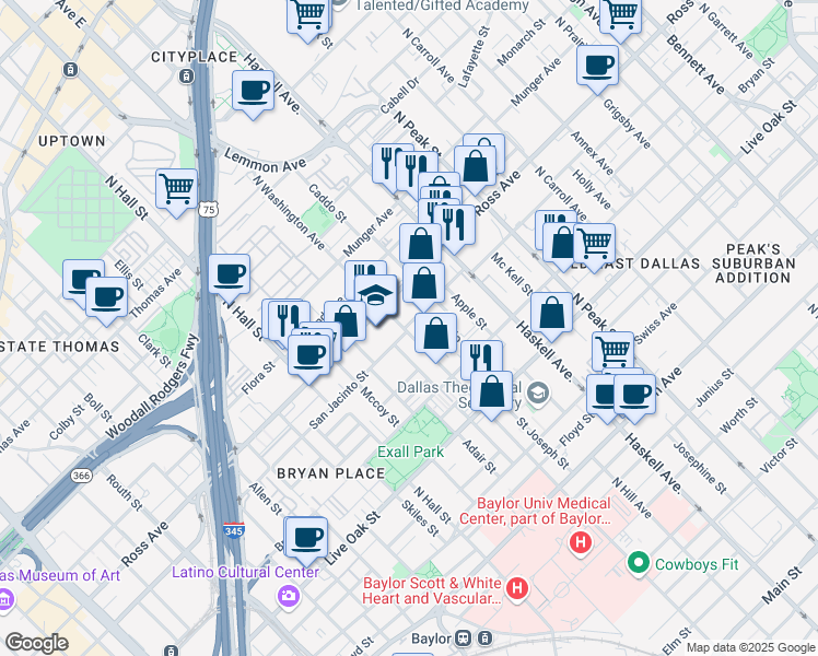 map of restaurants, bars, coffee shops, grocery stores, and more near 3816 San Jacinto Street in Dallas