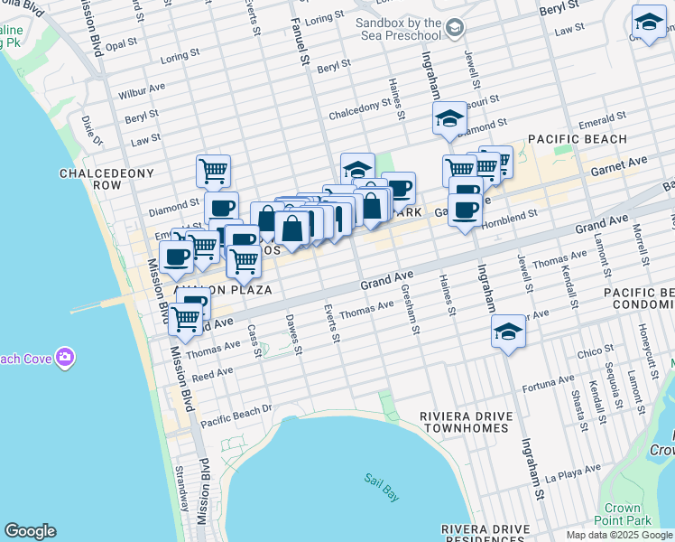 map of restaurants, bars, coffee shops, grocery stores, and more near in San Diego