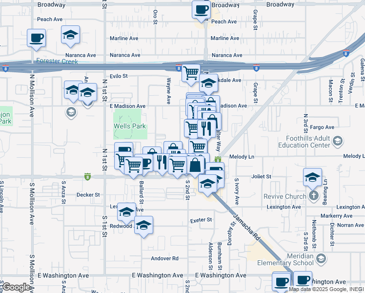 map of restaurants, bars, coffee shops, grocery stores, and more near 306 Shady Lane in El Cajon