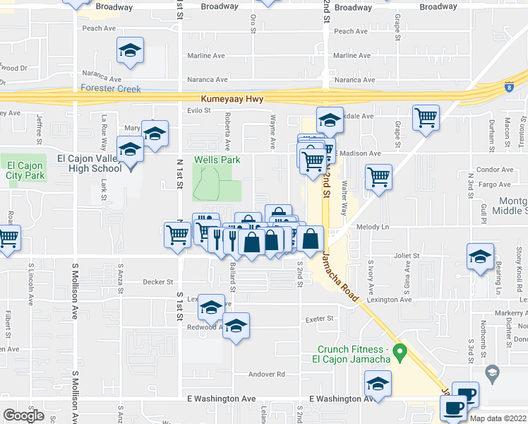 map of restaurants, bars, coffee shops, grocery stores, and more near 299 Orlando Street in El Cajon