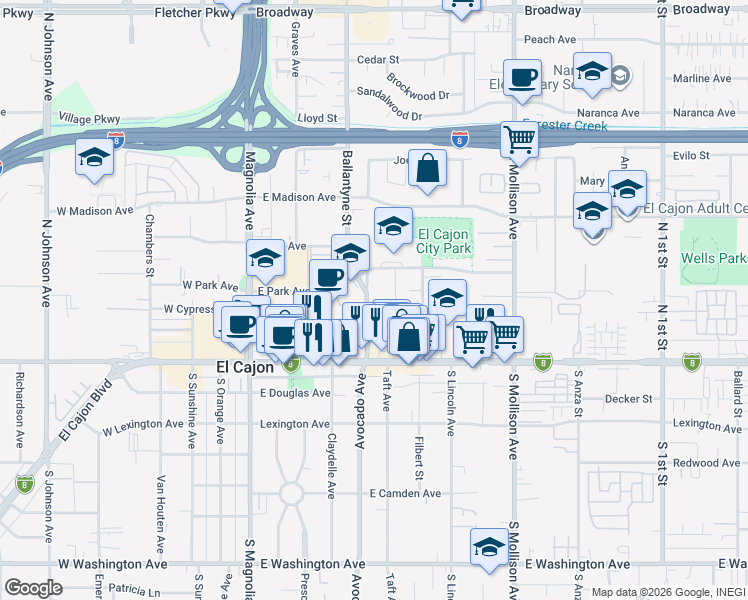 map of restaurants, bars, coffee shops, grocery stores, and more near 275 Ballantyne Street in El Cajon