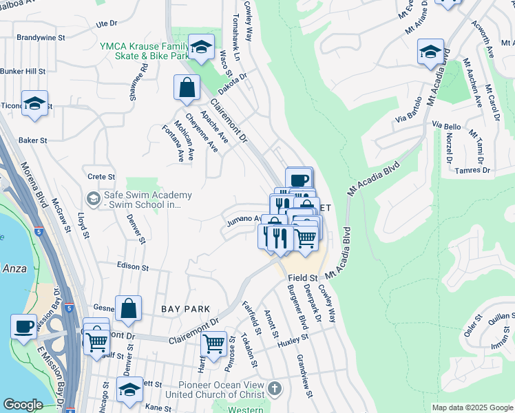 map of restaurants, bars, coffee shops, grocery stores, and more near 4846 Iroquois Avenue in San Diego