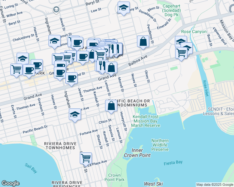 map of restaurants, bars, coffee shops, grocery stores, and more near 1972 Reed Avenue in San Diego