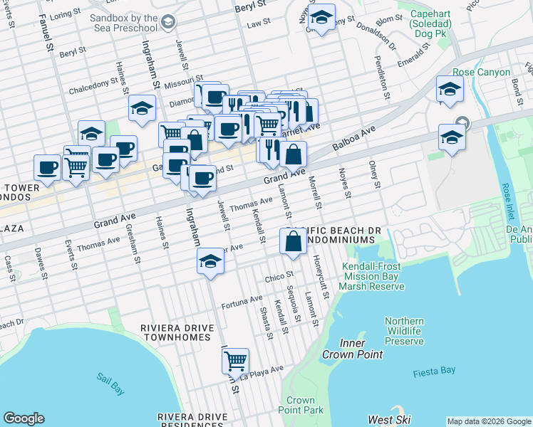 map of restaurants, bars, coffee shops, grocery stores, and more near 1831 Thomas Avenue in San Diego
