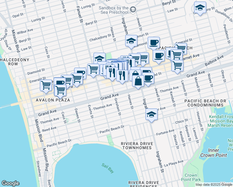 map of restaurants, bars, coffee shops, grocery stores, and more near 1438 Hornblend Street in San Diego