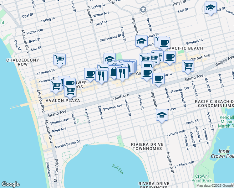 map of restaurants, bars, coffee shops, grocery stores, and more near 1364 Grand Avenue in San Diego