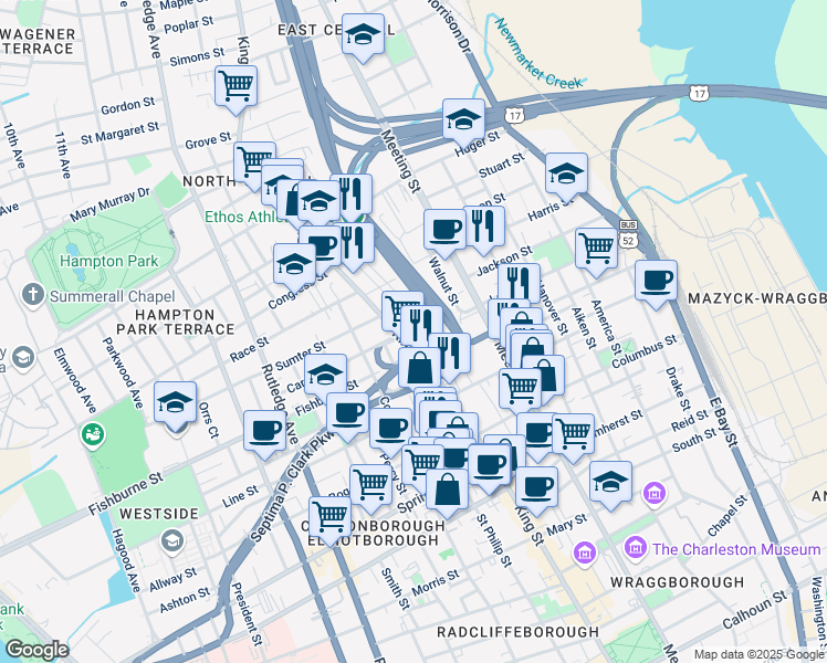 map of restaurants, bars, coffee shops, grocery stores, and more near 2 F Street in Charleston