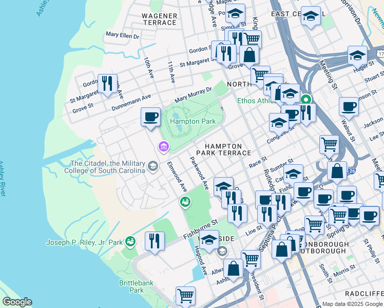 map of restaurants, bars, coffee shops, grocery stores, and more near 145 Moultrie Street in Charleston