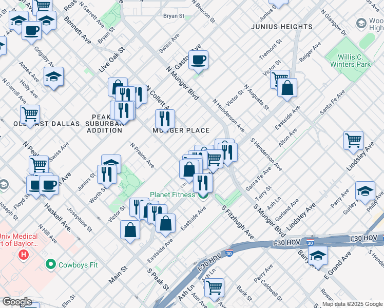 map of restaurants, bars, coffee shops, grocery stores, and more near 4920 Victor Street in Dallas