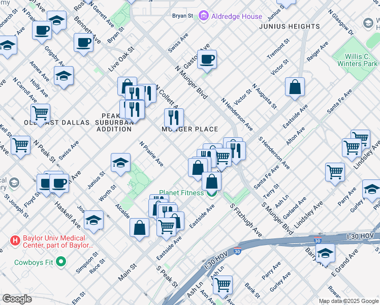 map of restaurants, bars, coffee shops, grocery stores, and more near 4920 Victor Street in Dallas