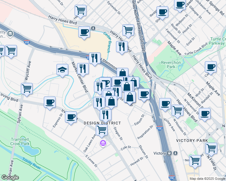 map of restaurants, bars, coffee shops, grocery stores, and more near 1900 Hi Line Drive in Dallas