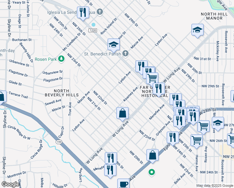 map of restaurants, bars, coffee shops, grocery stores, and more near 2819 Northwest 24th Street in Fort Worth