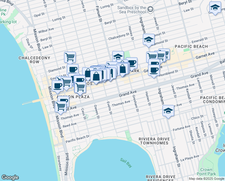 map of restaurants, bars, coffee shops, grocery stores, and more near 1243 Hornblend Street in San Diego