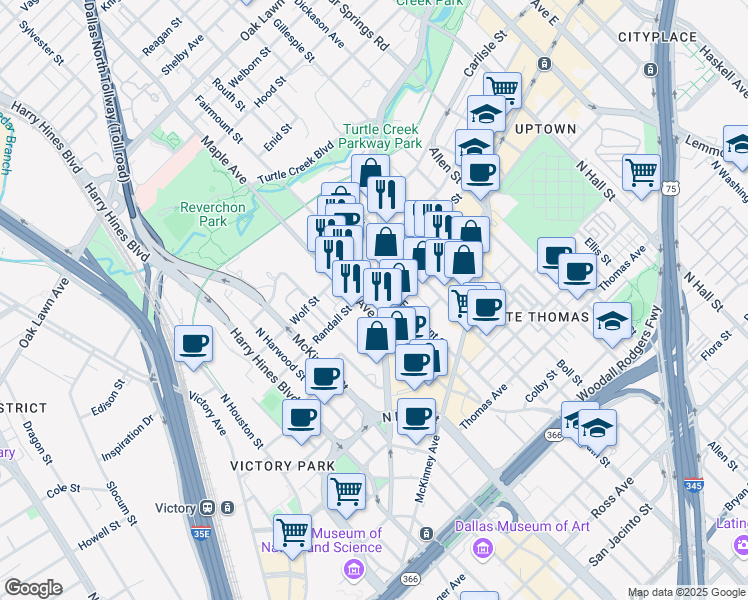 map of restaurants, bars, coffee shops, grocery stores, and more near 2401 Cedar Springs Road in Dallas