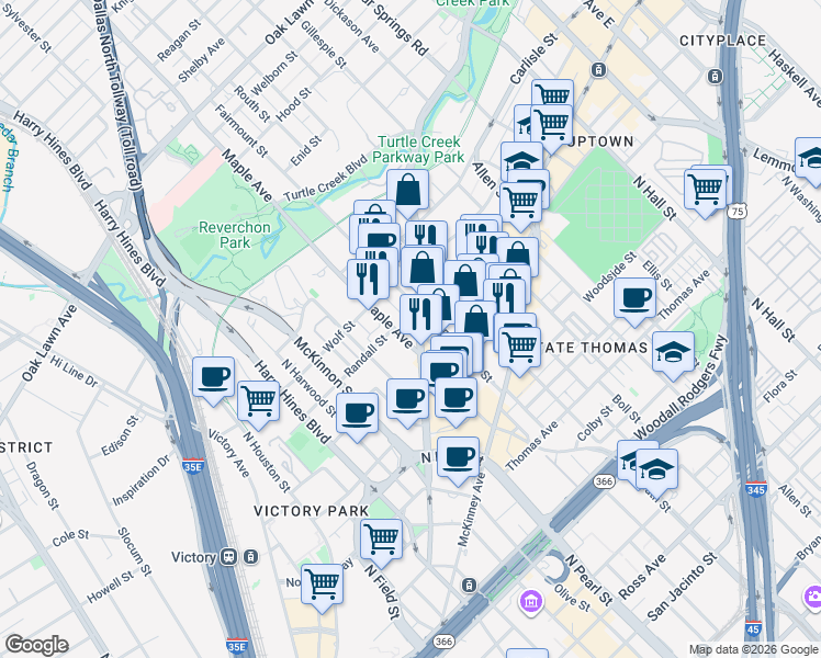 map of restaurants, bars, coffee shops, grocery stores, and more near 2101 Cedar Springs Road in Dallas