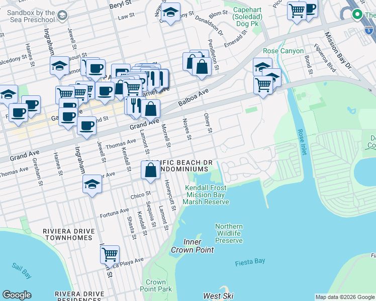 map of restaurants, bars, coffee shops, grocery stores, and more near 2057 Reed Avenue in San Diego