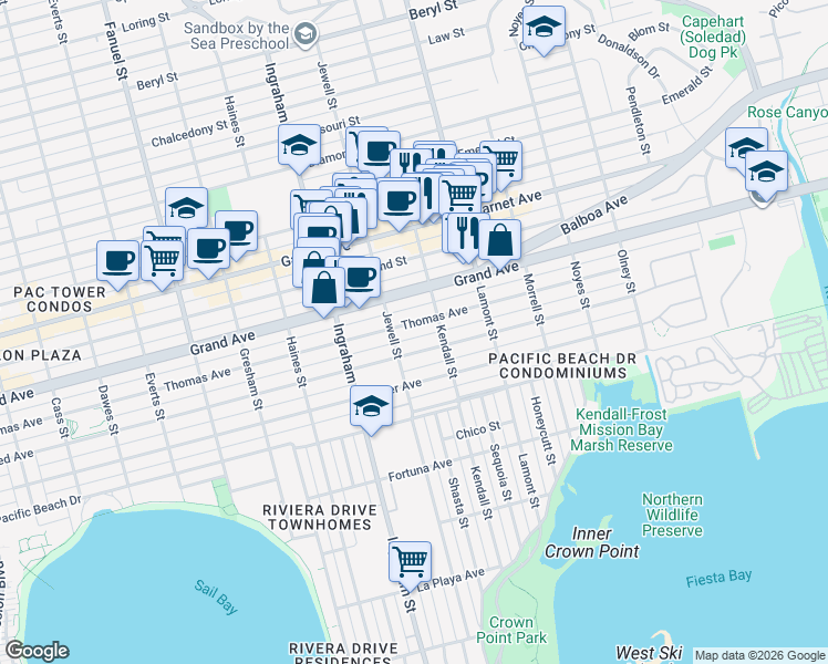 map of restaurants, bars, coffee shops, grocery stores, and more near 1745 Thomas Avenue in San Diego