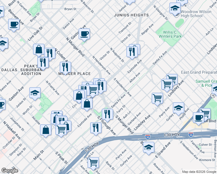 map of restaurants, bars, coffee shops, grocery stores, and more near in Dallas