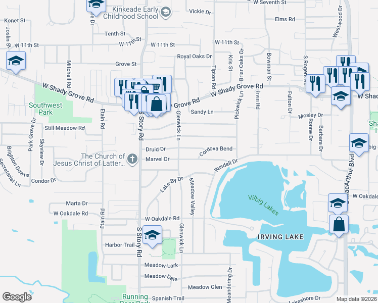 map of restaurants, bars, coffee shops, grocery stores, and more near 1422 Glenwick Lane in Irving