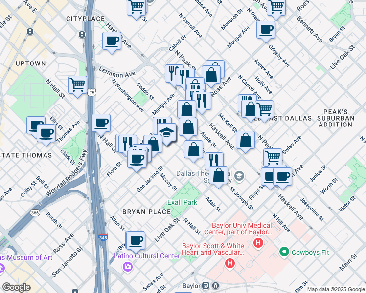 map of restaurants, bars, coffee shops, grocery stores, and more near 3816 San Jacinto Street in Dallas