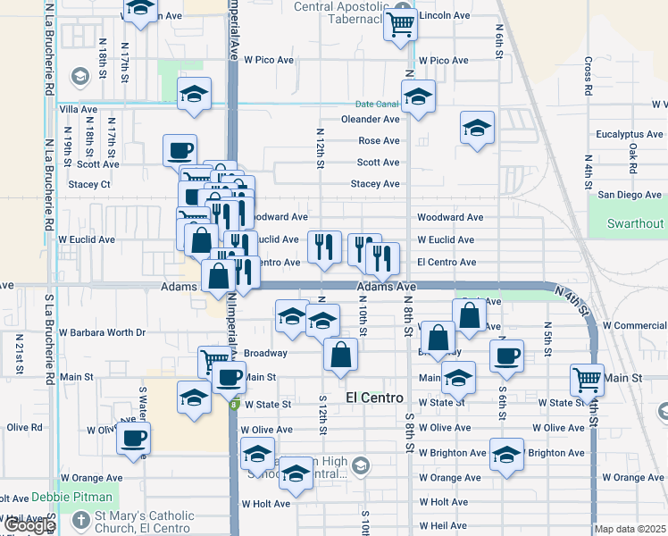 map of restaurants, bars, coffee shops, grocery stores, and more near 1034 El Centro Avenue in El Centro