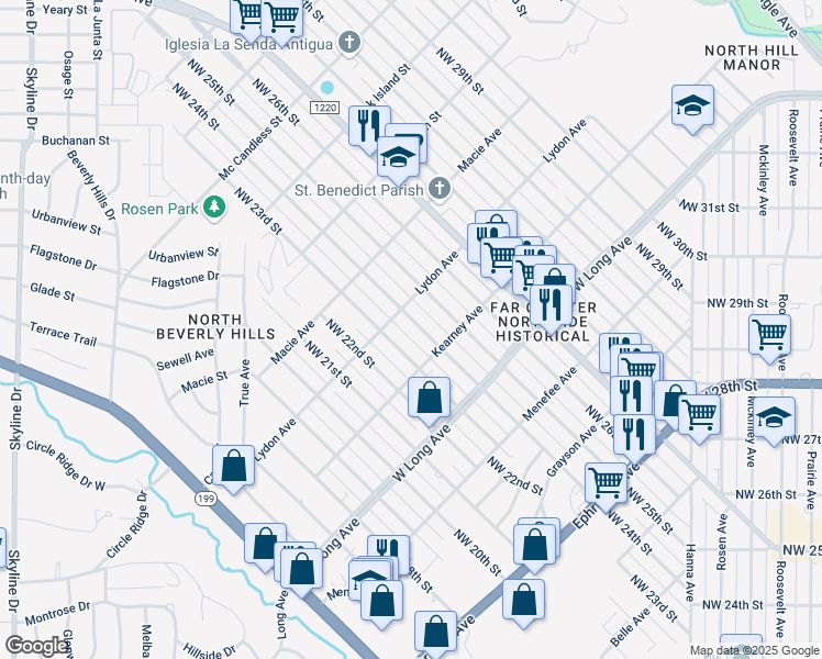 map of restaurants, bars, coffee shops, grocery stores, and more near 2819 Northwest 24th Street in Fort Worth