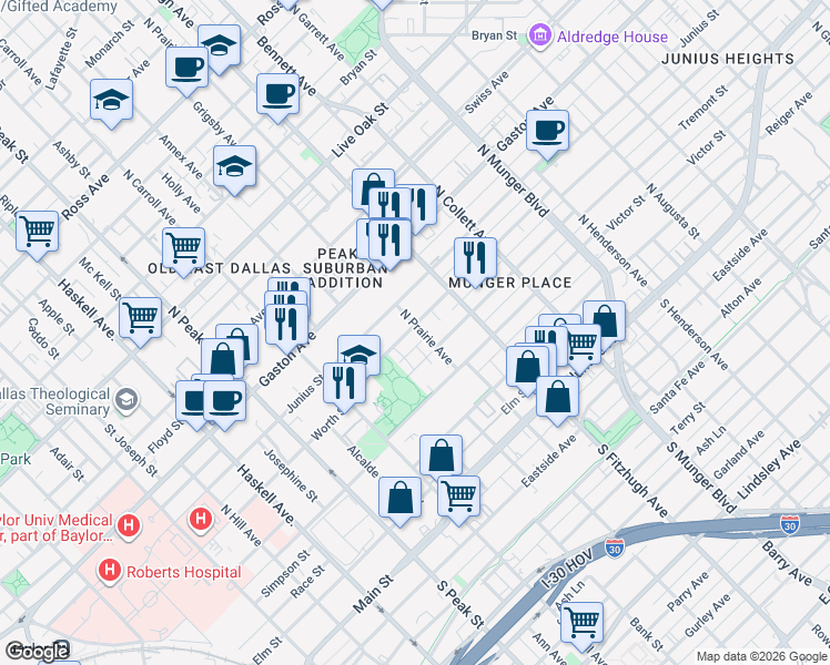 map of restaurants, bars, coffee shops, grocery stores, and more near 4734 Worth Street in Dallas