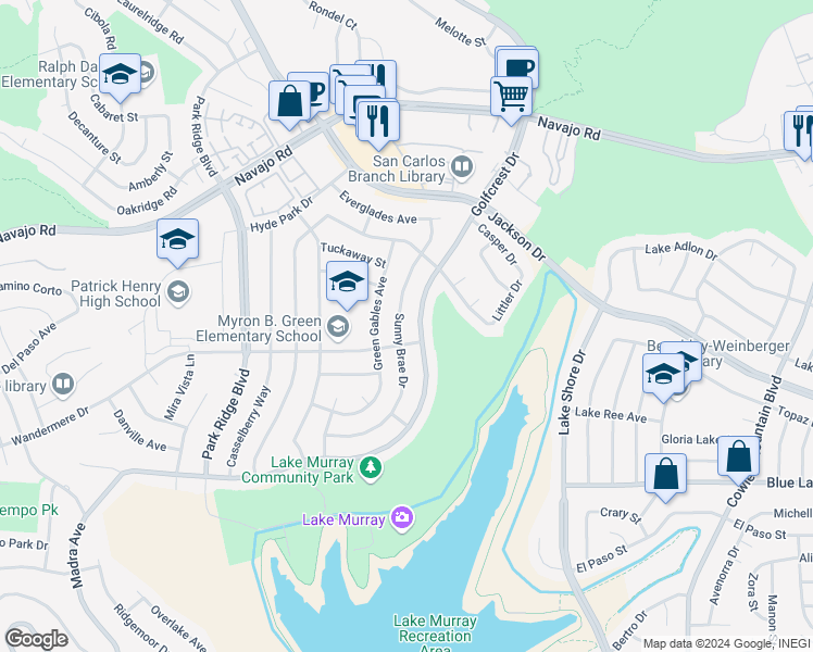 map of restaurants, bars, coffee shops, grocery stores, and more near 6621 Sunny Brae Drive in San Diego