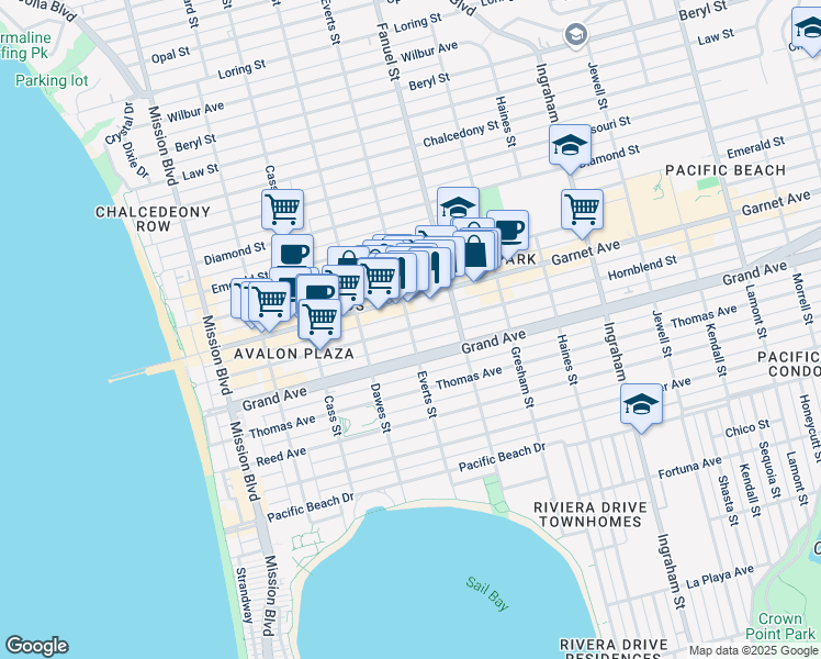 map of restaurants, bars, coffee shops, grocery stores, and more near Hornblend St & Everts St in San Diego