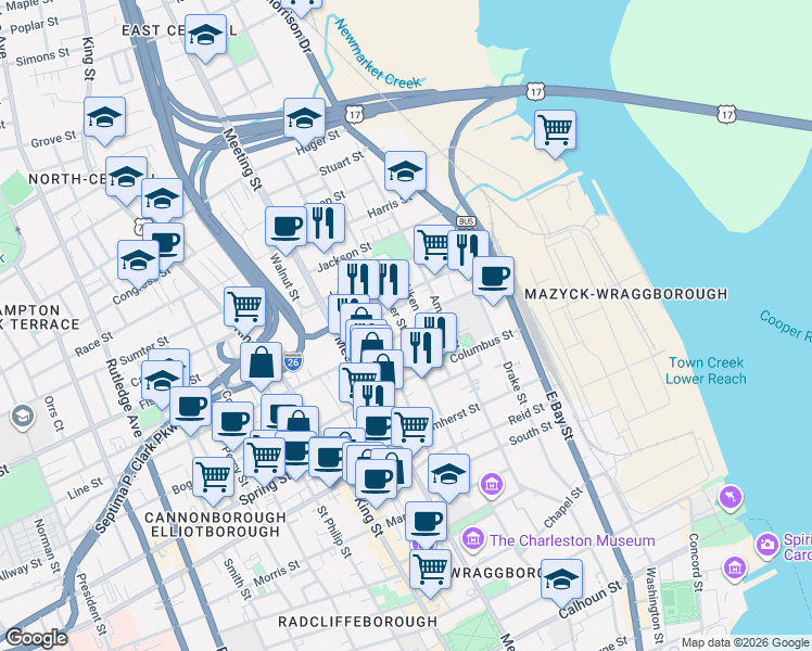 map of restaurants, bars, coffee shops, grocery stores, and more near 72 Hanover Street in Charleston