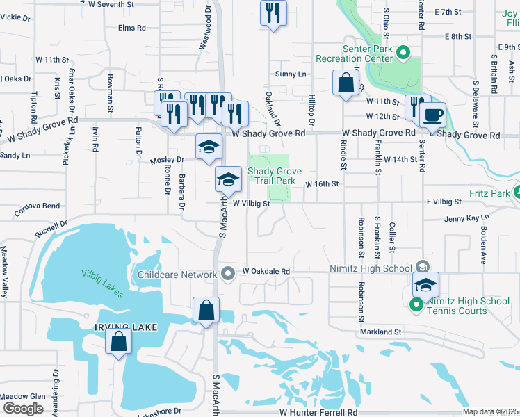 map of restaurants, bars, coffee shops, grocery stores, and more near 1701 Caddo Drive in Irving