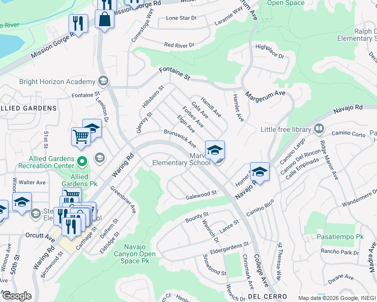 map of restaurants, bars, coffee shops, grocery stores, and more near 5522 Waring Road in San Diego