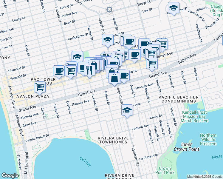 map of restaurants, bars, coffee shops, grocery stores, and more near 1539 Grand Avenue in San Diego