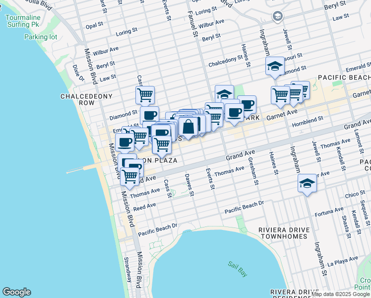 map of restaurants, bars, coffee shops, grocery stores, and more near 4467 Dawes Street in San Diego