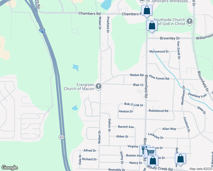 map of restaurants, bars, coffee shops, grocery stores, and more near 4076 Blair Court in Macon
