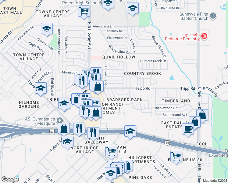 map of restaurants, bars, coffee shops, grocery stores, and more near 2340 Penrose Drive in Mesquite