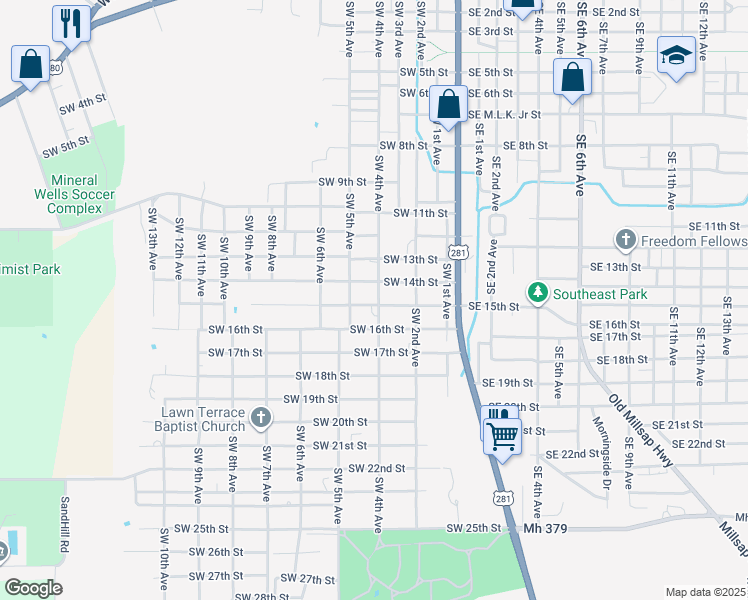 map of restaurants, bars, coffee shops, grocery stores, and more near 502 Southwest 15th Street in Mineral Wells