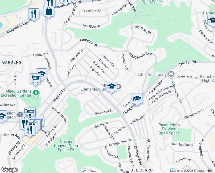 map of restaurants, bars, coffee shops, grocery stores, and more near 5590 Brunswick Avenue in San Diego