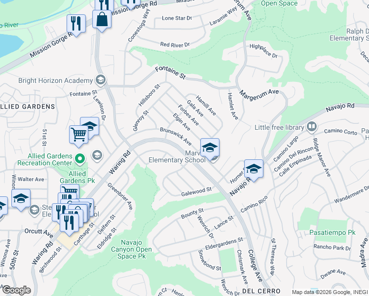 map of restaurants, bars, coffee shops, grocery stores, and more near 5522 Waring Road in San Diego