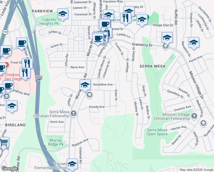 map of restaurants, bars, coffee shops, grocery stores, and more near in San Diego