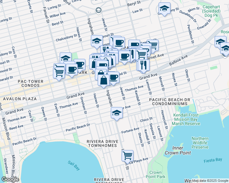 map of restaurants, bars, coffee shops, grocery stores, and more near 1668 Thomas Avenue in San Diego