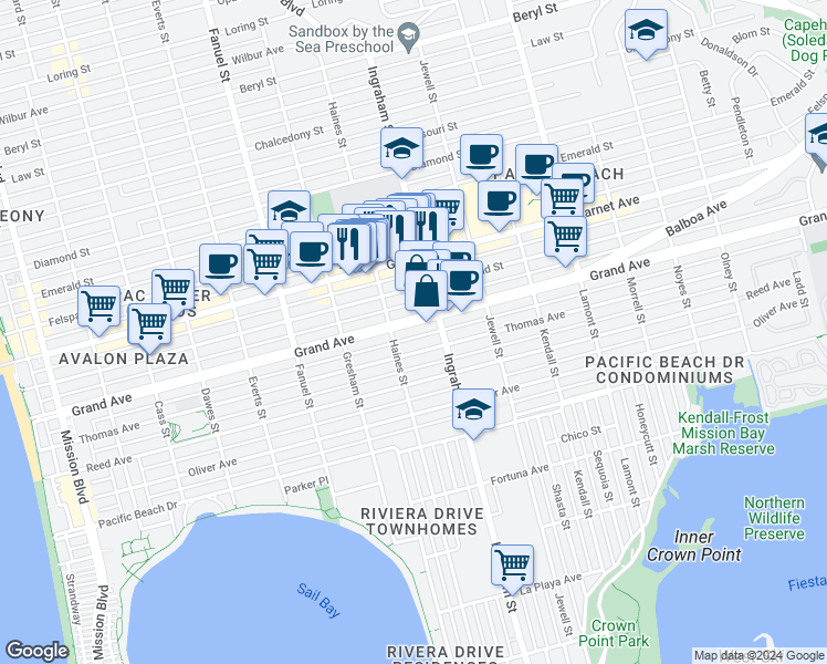 map of restaurants, bars, coffee shops, grocery stores, and more near 1527 Grand Avenue in San Diego