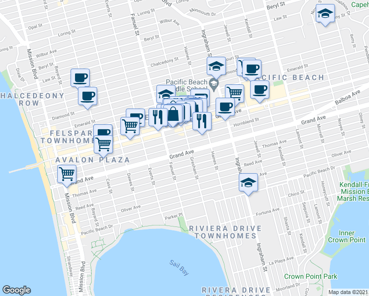 map of restaurants, bars, coffee shops, grocery stores, and more near 1364 Grand Avenue in San Diego