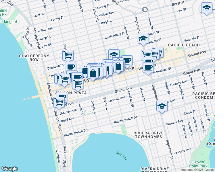 map of restaurants, bars, coffee shops, grocery stores, and more near in San Diego