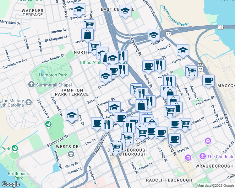 map of restaurants, bars, coffee shops, grocery stores, and more near 299 Coming Street in Charleston