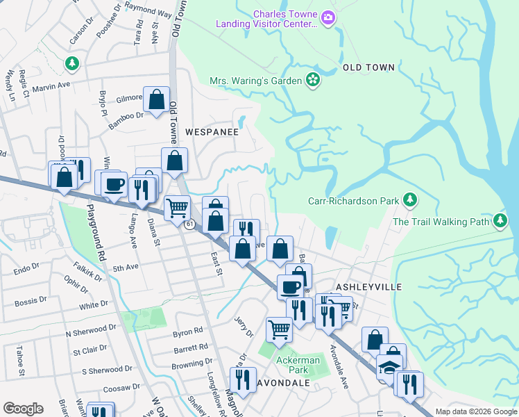 map of restaurants, bars, coffee shops, grocery stores, and more near 1114 San Juan Avenue in Charleston