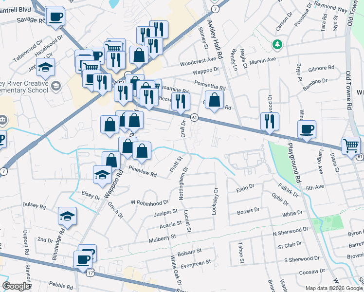 map of restaurants, bars, coffee shops, grocery stores, and more near 4 Palmetto Park Road in Charleston